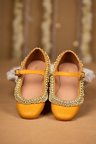 Mustard Modal Satin Sequin Hand Embellished Juttis by 5 Elements