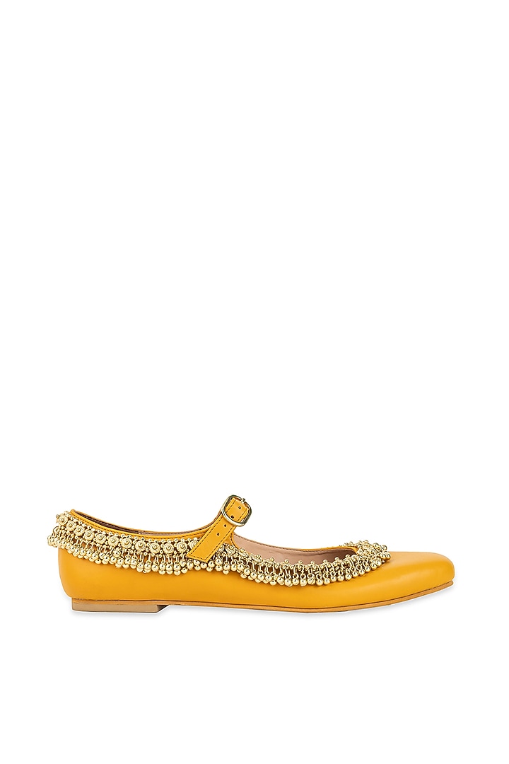 Mustard Modal Satin Sequin Hand Embellished Juttis by 5 Elements at Pernia's Pop Up Shop