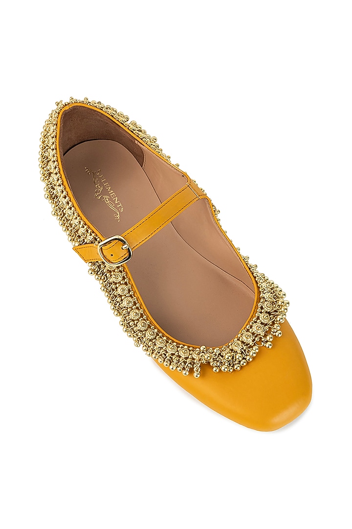 Mustard Modal Satin Sequin Hand Embellished Juttis by 5 Elements at Pernia's Pop Up Shop
