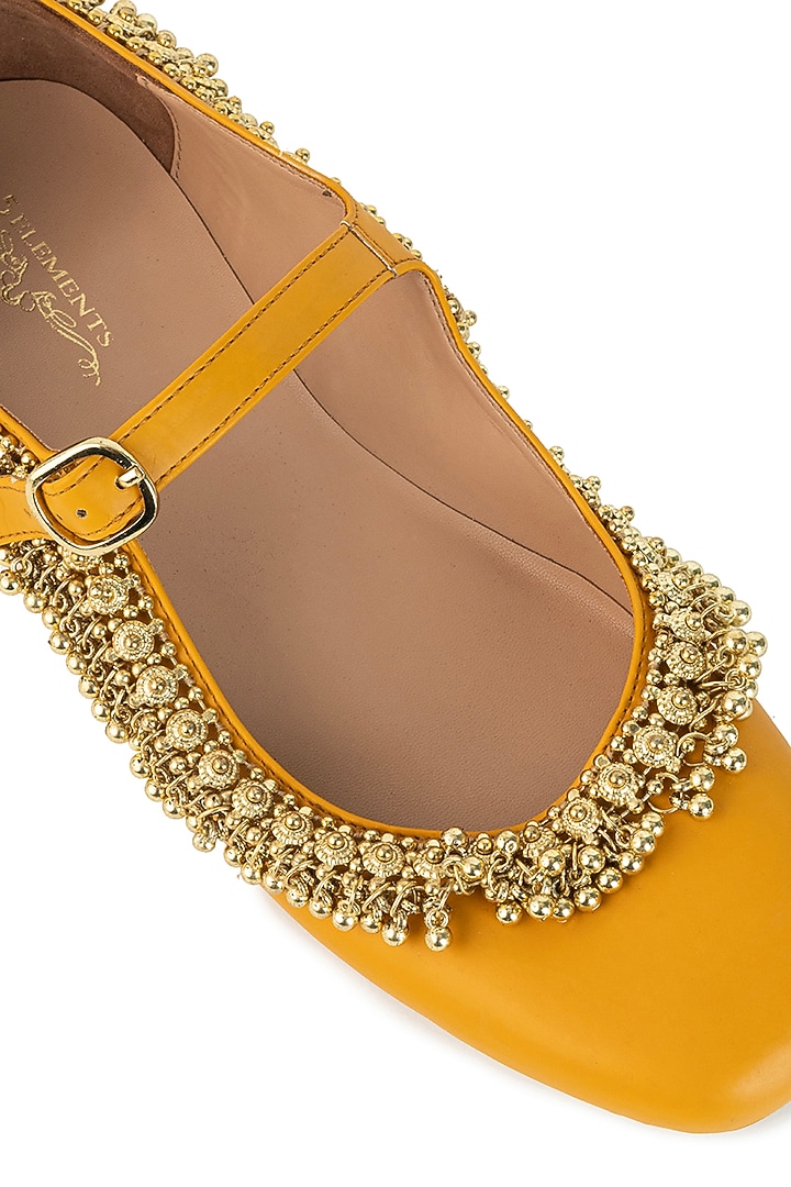 Mustard Modal Satin Sequin Hand Embellished Juttis by 5 Elements at Pernia's Pop Up Shop