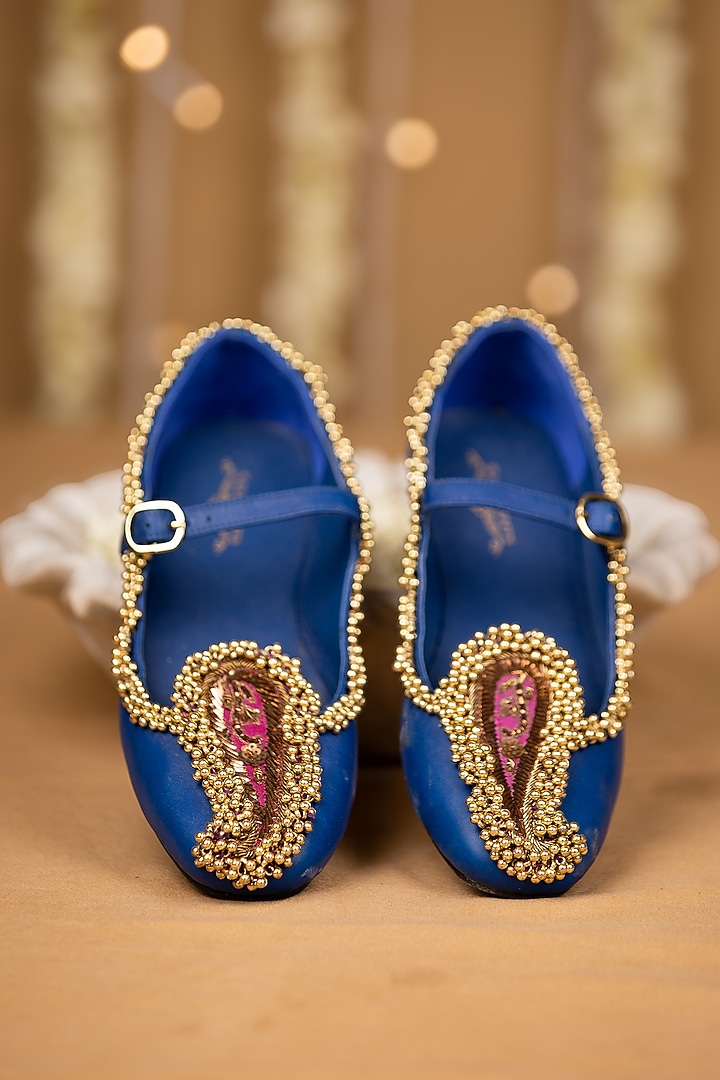 Blue Modal Satin Bead Work Juttis by 5 Elements at Pernia's Pop Up Shop