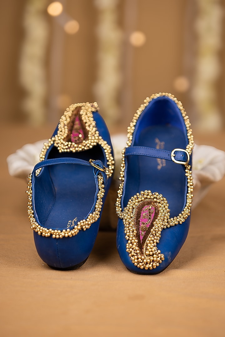 Blue Modal Satin Bead Work Juttis by 5 Elements at Pernia's Pop Up Shop