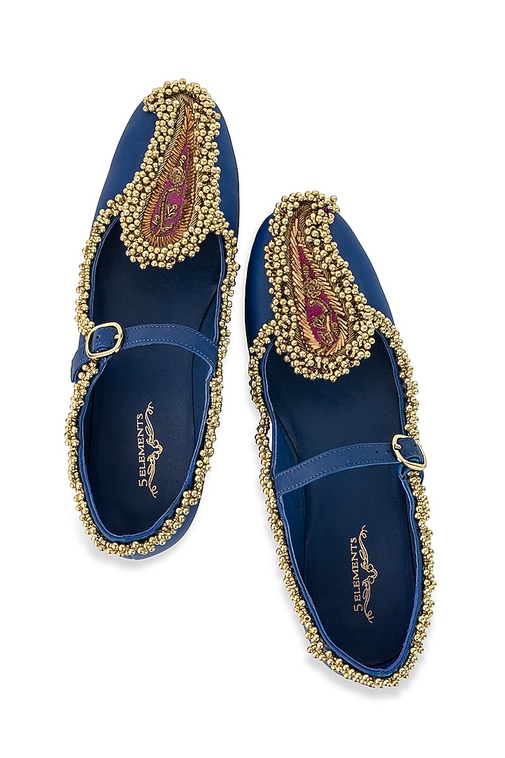 Blue Modal Satin Bead Work Juttis by 5 Elements at Pernia's Pop Up Shop