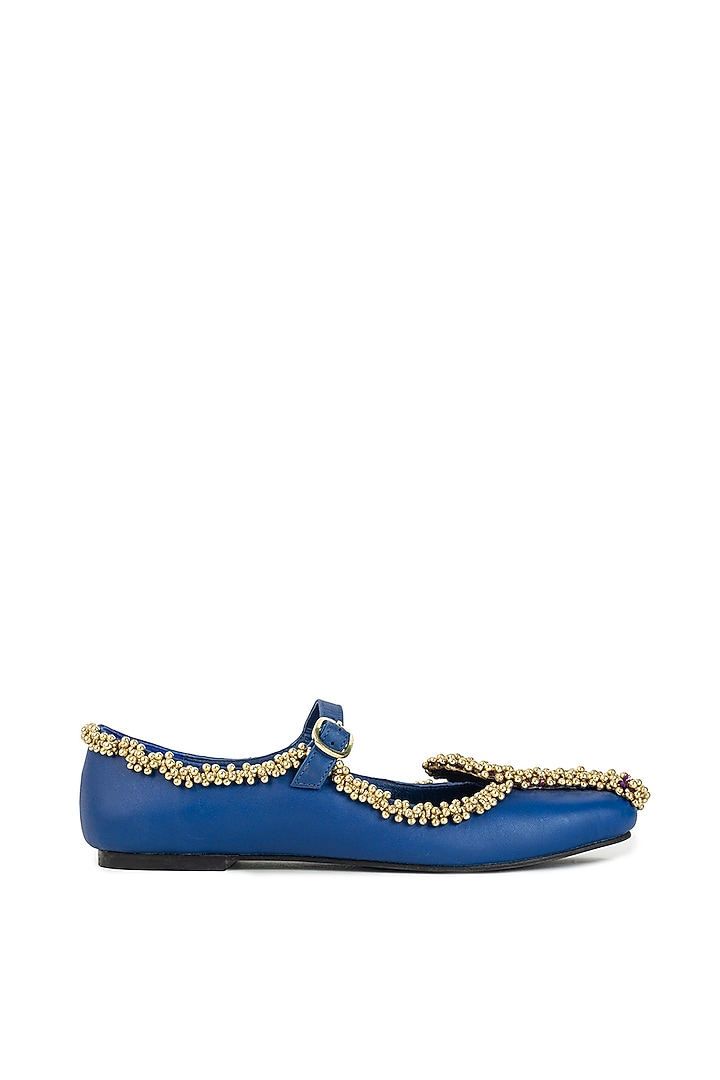 Blue Modal Satin Bead Work Juttis by 5 Elements at Pernia's Pop Up Shop
