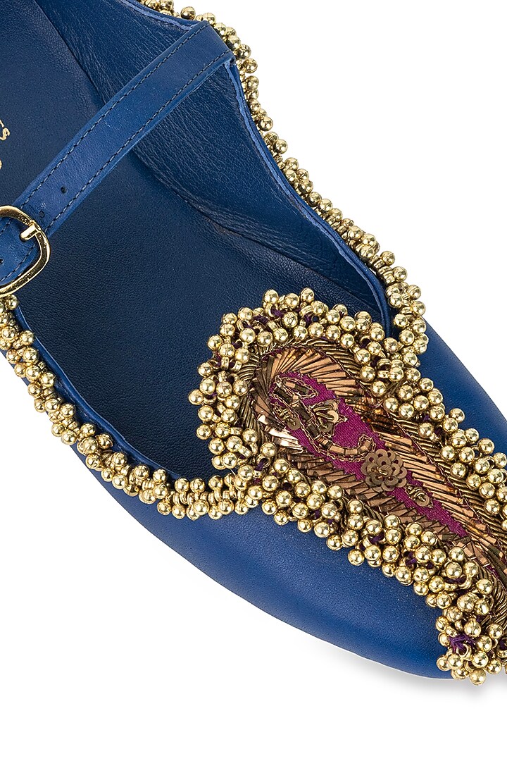 Blue Modal Satin Bead Work Juttis by 5 Elements at Pernia's Pop Up Shop