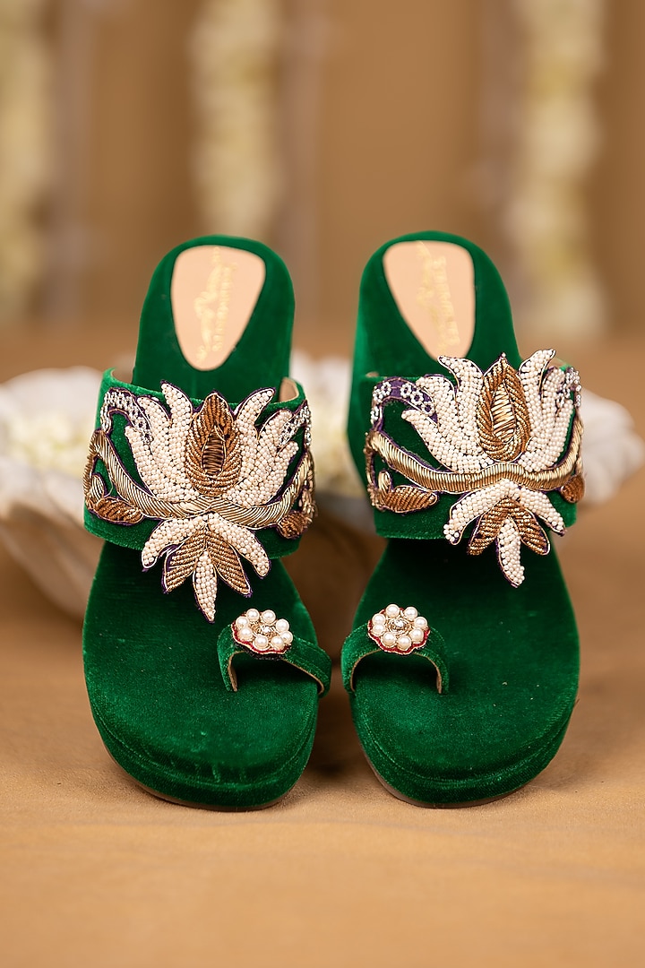 Emerald Green Velvet Sequin Embellished Wedges by 5 Elements at Pernia's Pop Up Shop