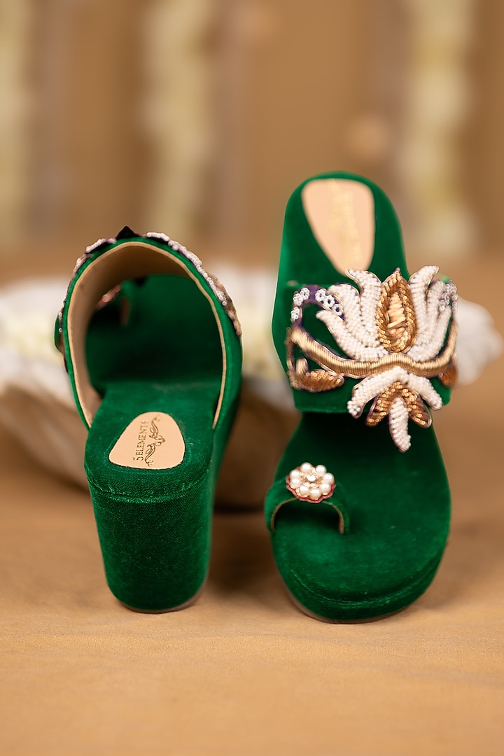 Emerald Green Velvet Sequin Embellished Wedges by 5 Elements at Pernia's Pop Up Shop