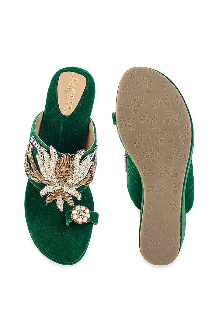 Emerald Green Velvet Sequin Embellished Wedges by 5 Elements at Pernia's Pop Up Shop
