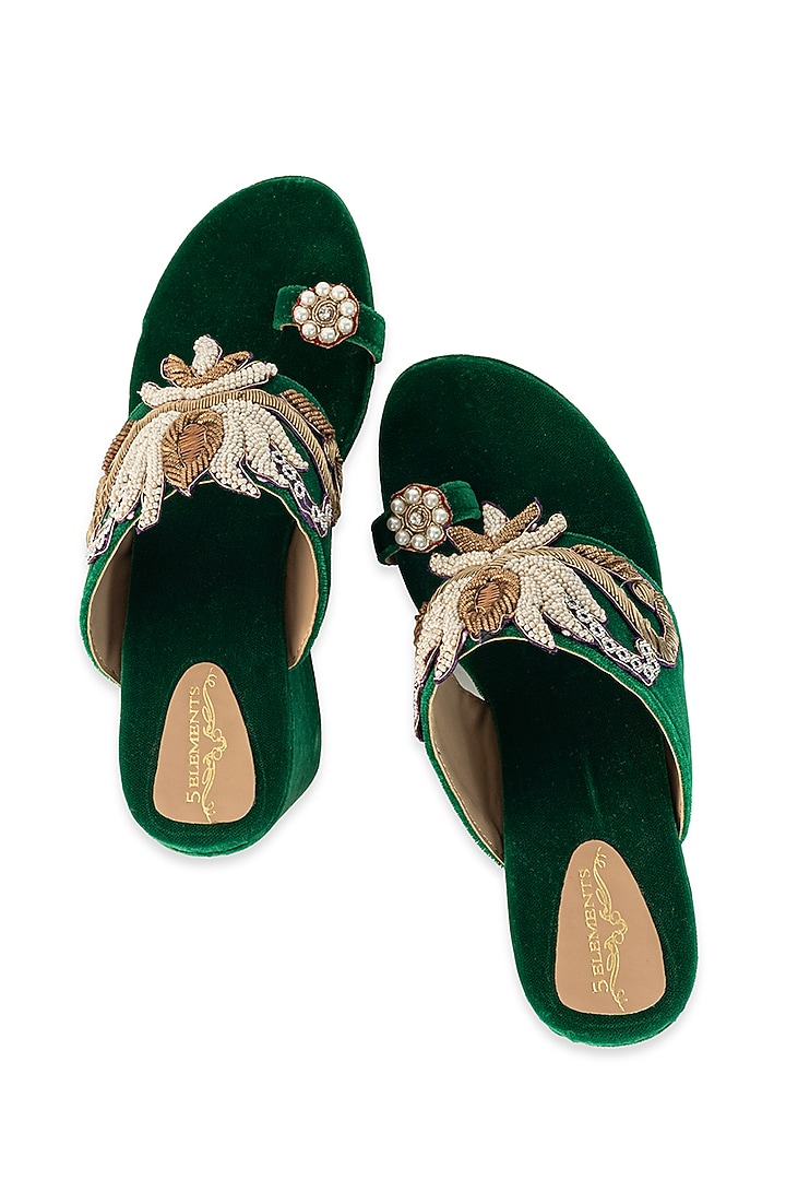 Emerald Green Velvet Sequin Embellished Wedges by 5 Elements at Pernia's Pop Up Shop