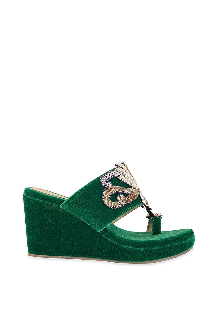 Emerald Green Velvet Sequin Embellished Wedges by 5 Elements at Pernia's Pop Up Shop