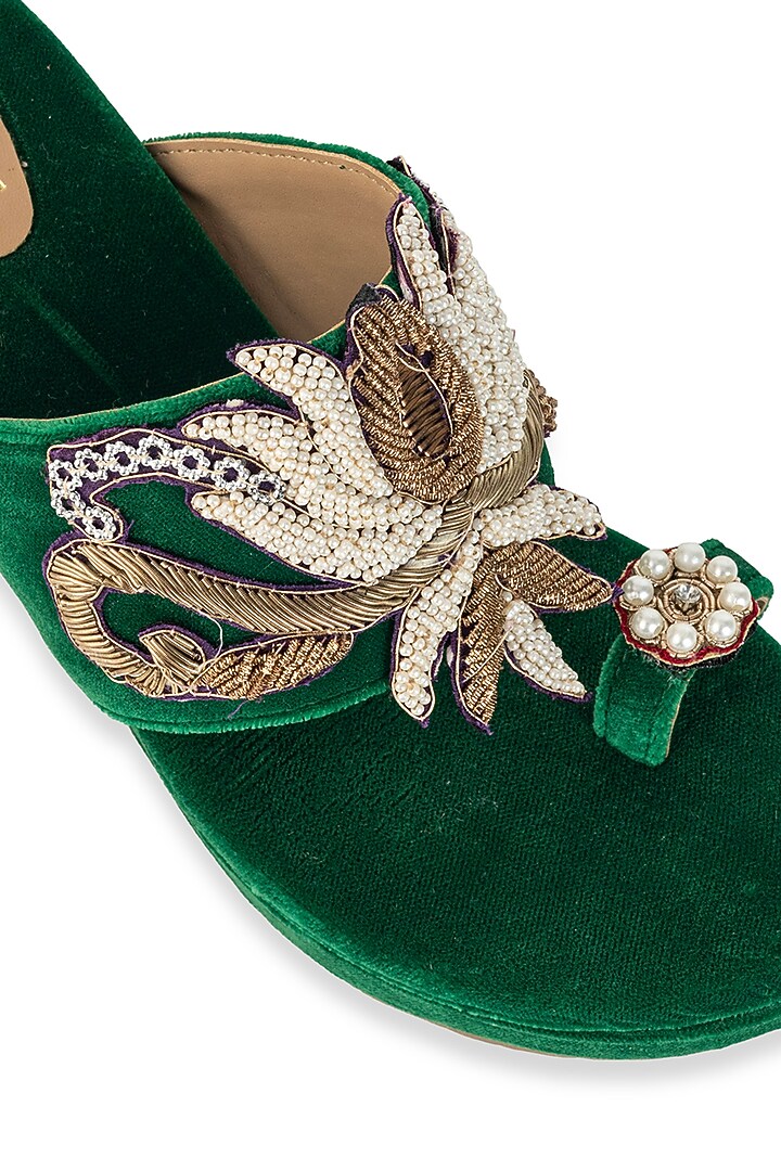Emerald Green Velvet Sequin Embellished Wedges by 5 Elements at Pernia's Pop Up Shop