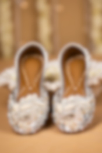 Silver Leatherette Pearl & Sequin Embroidered Juttis by 5 Elements at Pernia's Pop Up Shop