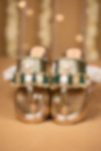 Gold Leatherette Mirror Embellished Wedges by 5 Elements at Pernia's Pop Up Shop