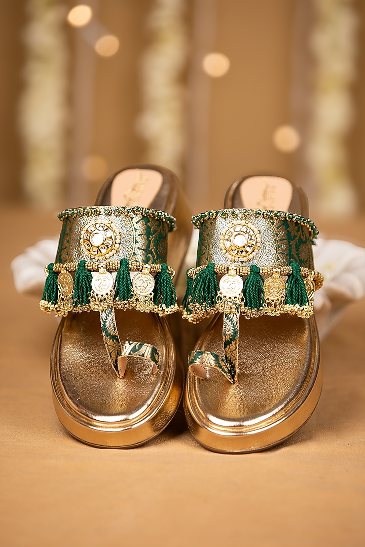 Gold Leatherette Mirror Embellished Wedges by 5 Elements at Pernia's Pop Up Shop