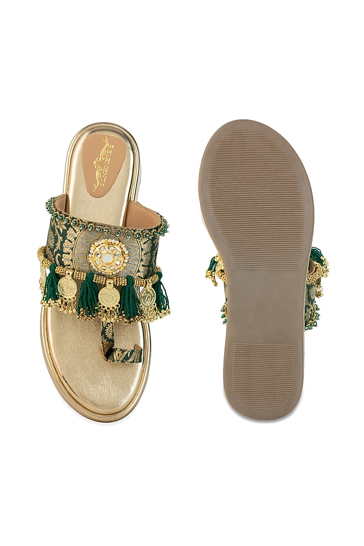 Gold Leatherette Mirror Embellished Wedges by 5 Elements at Pernia's Pop Up Shop