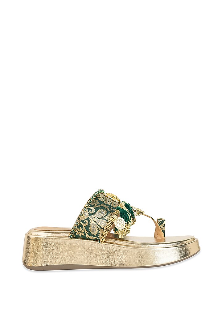 Gold Leatherette Mirror Embellished Wedges by 5 Elements at Pernia's Pop Up Shop