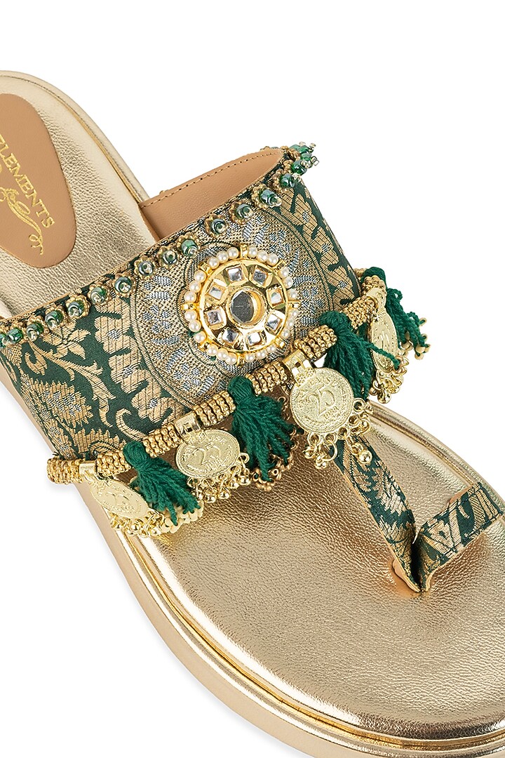 Gold Leatherette Mirror Embellished Wedges by 5 Elements at Pernia's Pop Up Shop