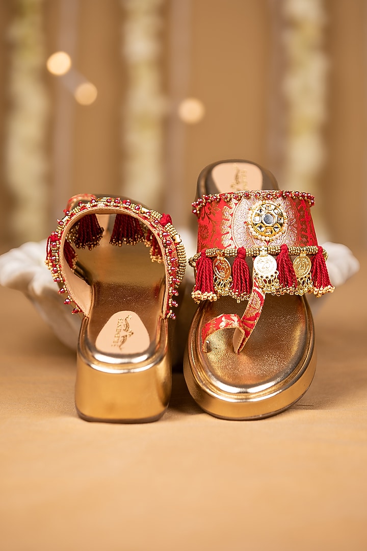 Gold Leatherette Mirror Embellished Wedges by 5 Elements at Pernia's Pop Up Shop