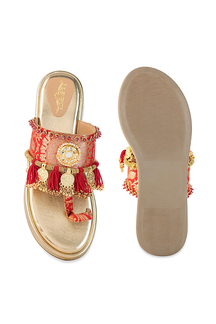 Gold Leatherette Mirror Embellished Wedges by 5 Elements at Pernia's Pop Up Shop