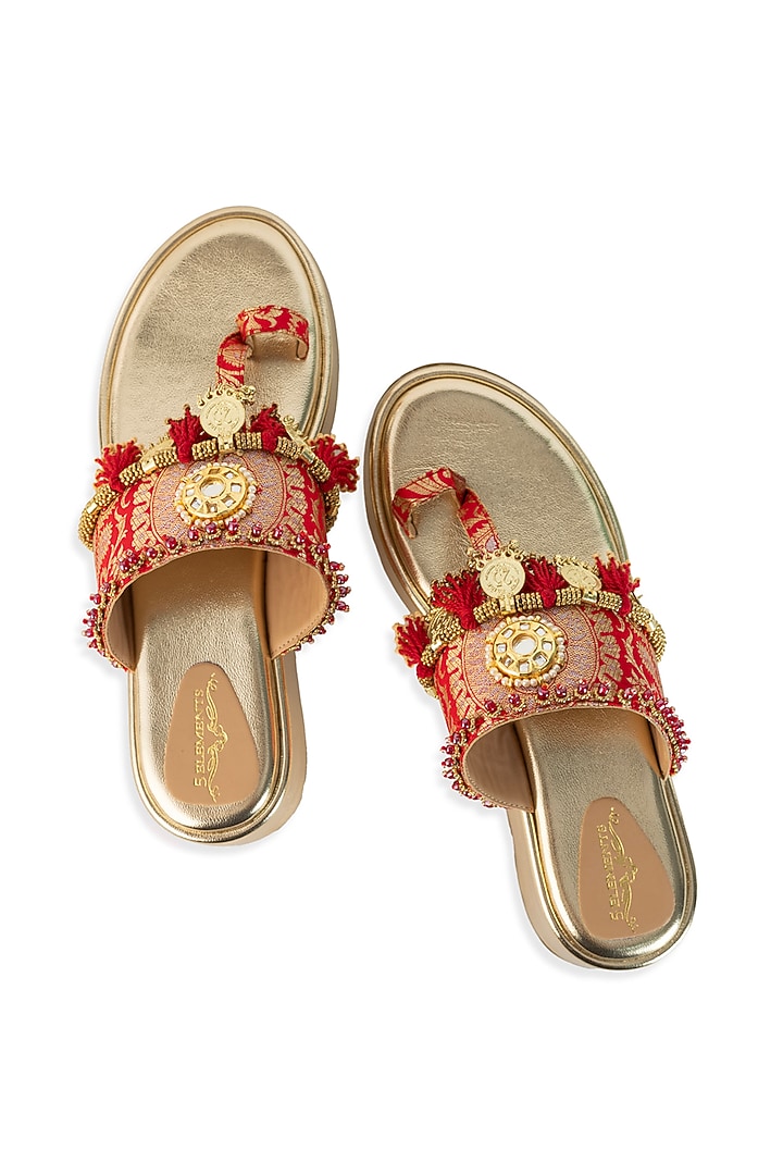 Gold Leatherette Mirror Embellished Wedges by 5 Elements at Pernia's Pop Up Shop