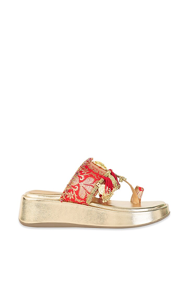 Gold Leatherette Mirror Embellished Wedges by 5 Elements at Pernia's Pop Up Shop