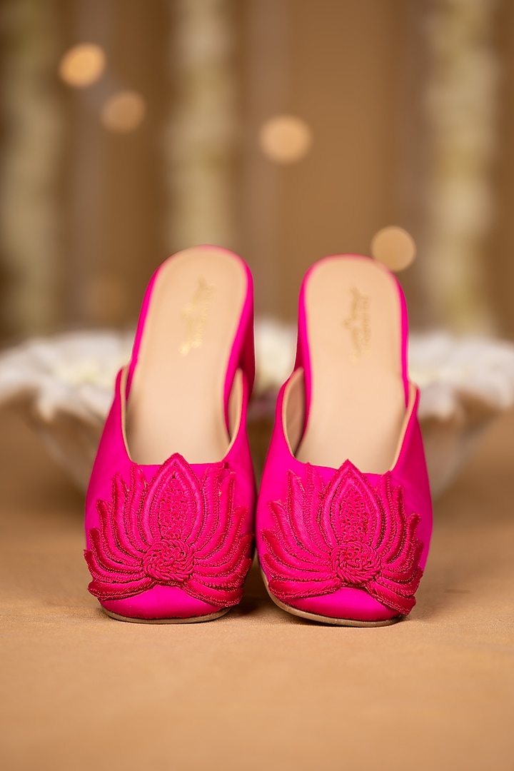 Fuchsia Pink Satin Lotuf Motif Embroidered Mule Heels by 5 Elements at Pernia's Pop Up Shop
