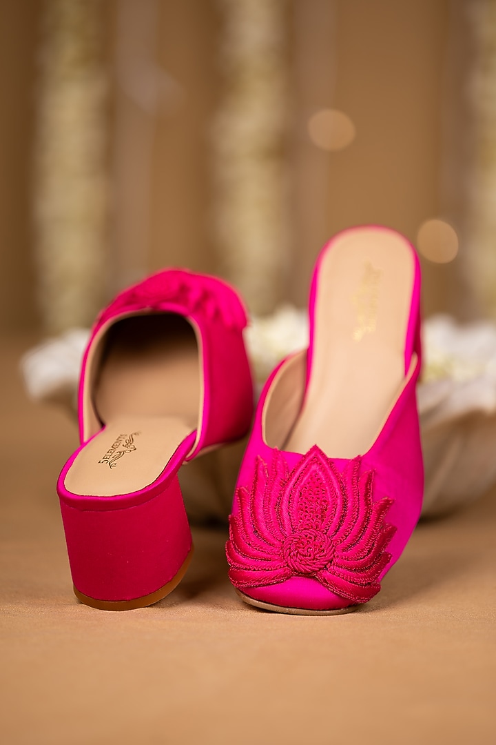 Fuchsia Pink Satin Lotuf Motif Embroidered Mule Heels by 5 Elements at Pernia's Pop Up Shop