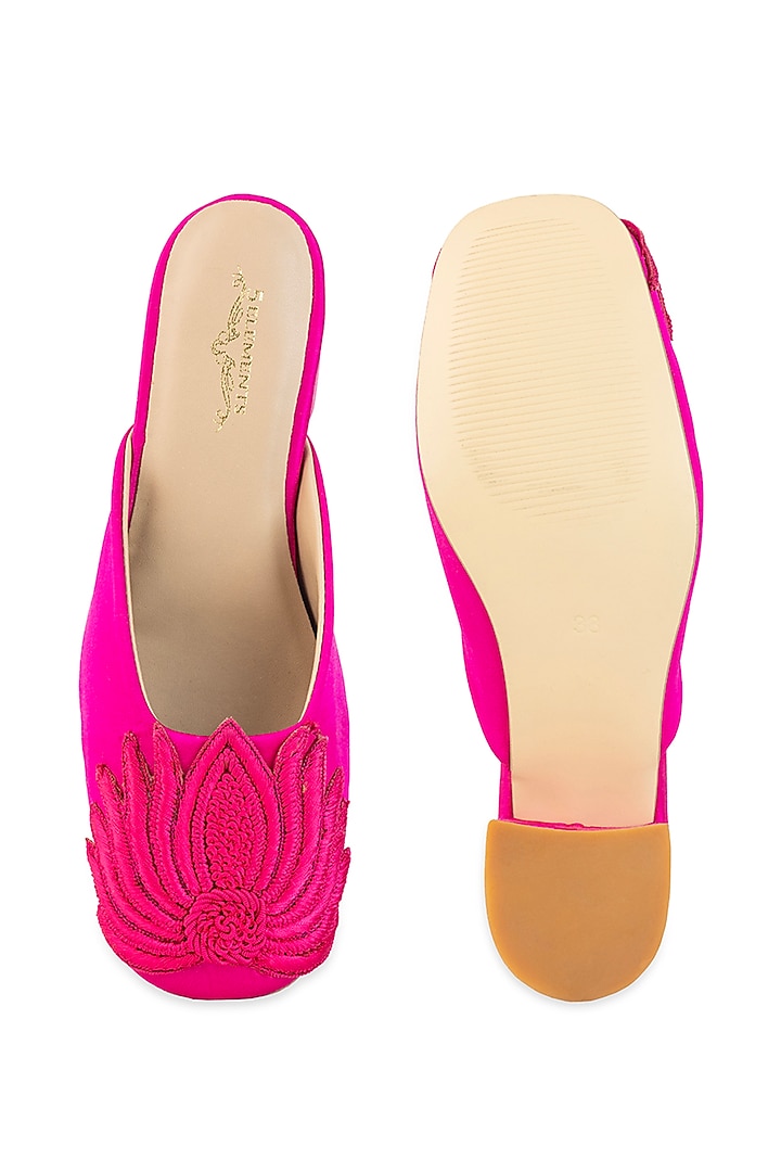 Fuchsia Pink Satin Lotuf Motif Embroidered Mule Heels by 5 Elements at Pernia's Pop Up Shop