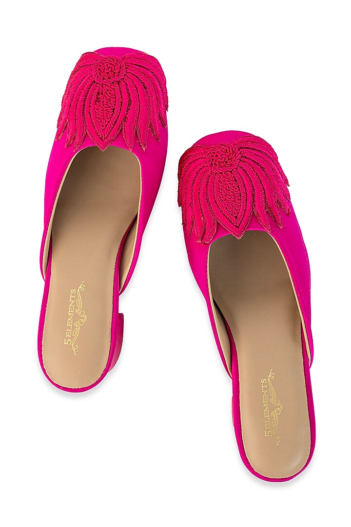 Fuchsia Pink Satin Lotuf Motif Embroidered Mule Heels by 5 Elements at Pernia's Pop Up Shop