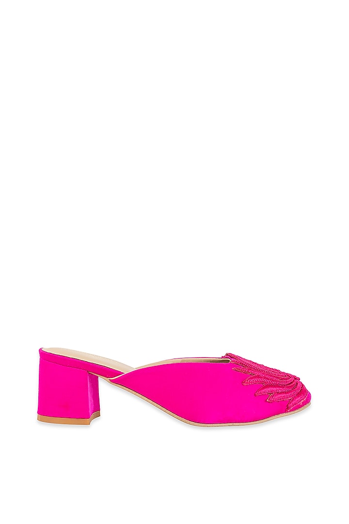 Fuchsia Pink Satin Lotuf Motif Embroidered Mule Heels by 5 Elements at Pernia's Pop Up Shop