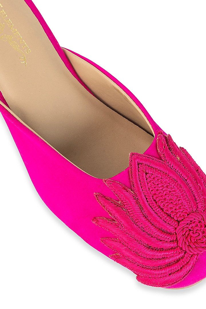 Fuchsia Pink Satin Lotuf Motif Embroidered Mule Heels by 5 Elements at Pernia's Pop Up Shop