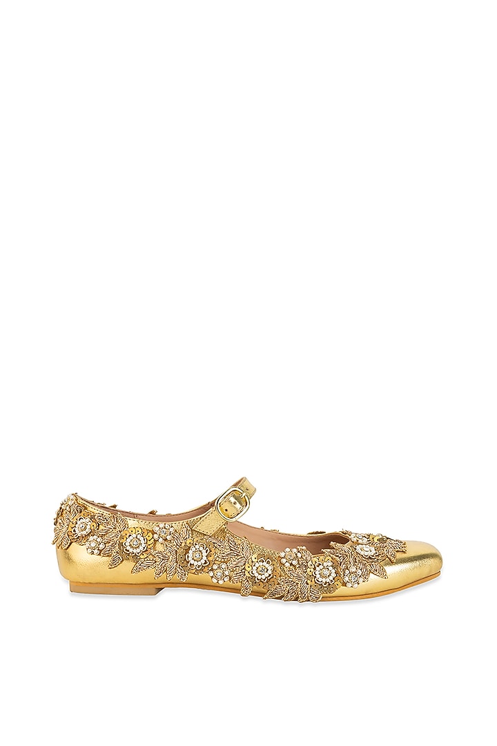 Gold Leatherette Sequin Embroidered Juttis by 5 Elements at Pernia's Pop Up Shop