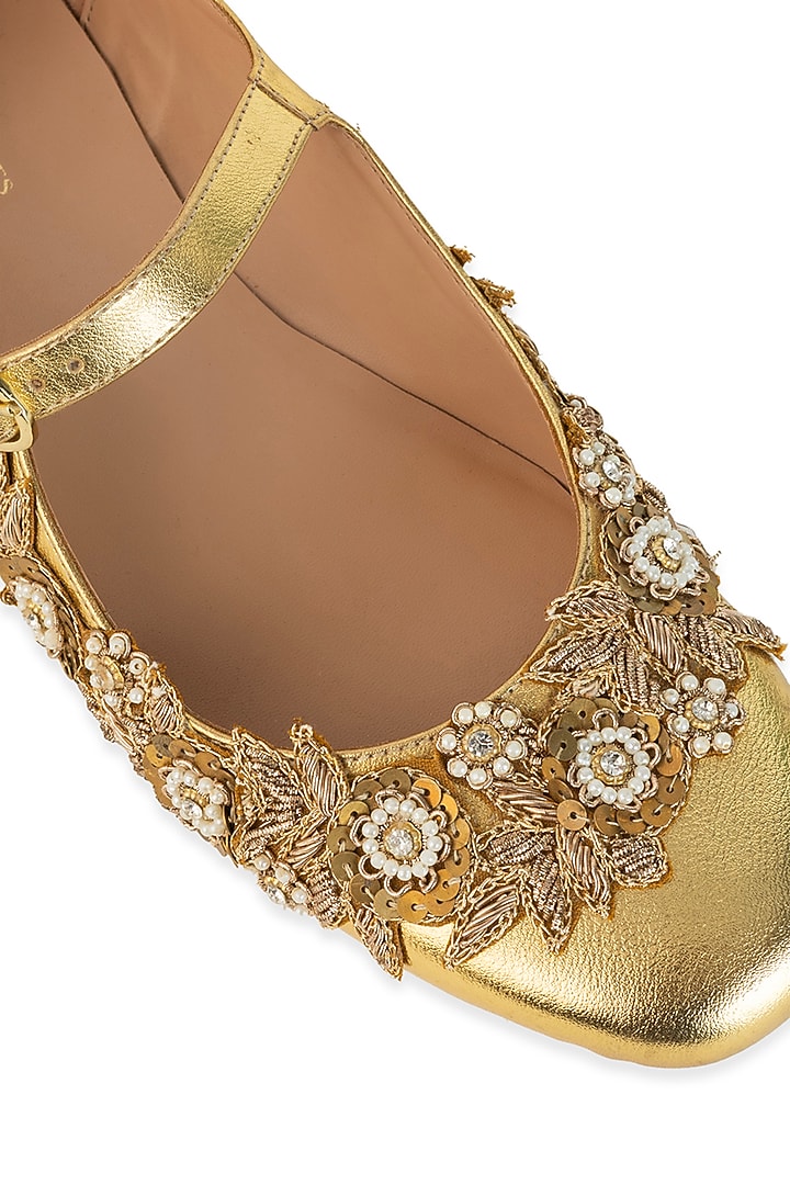 Gold Leatherette Sequin Embroidered Juttis by 5 Elements at Pernia's Pop Up Shop