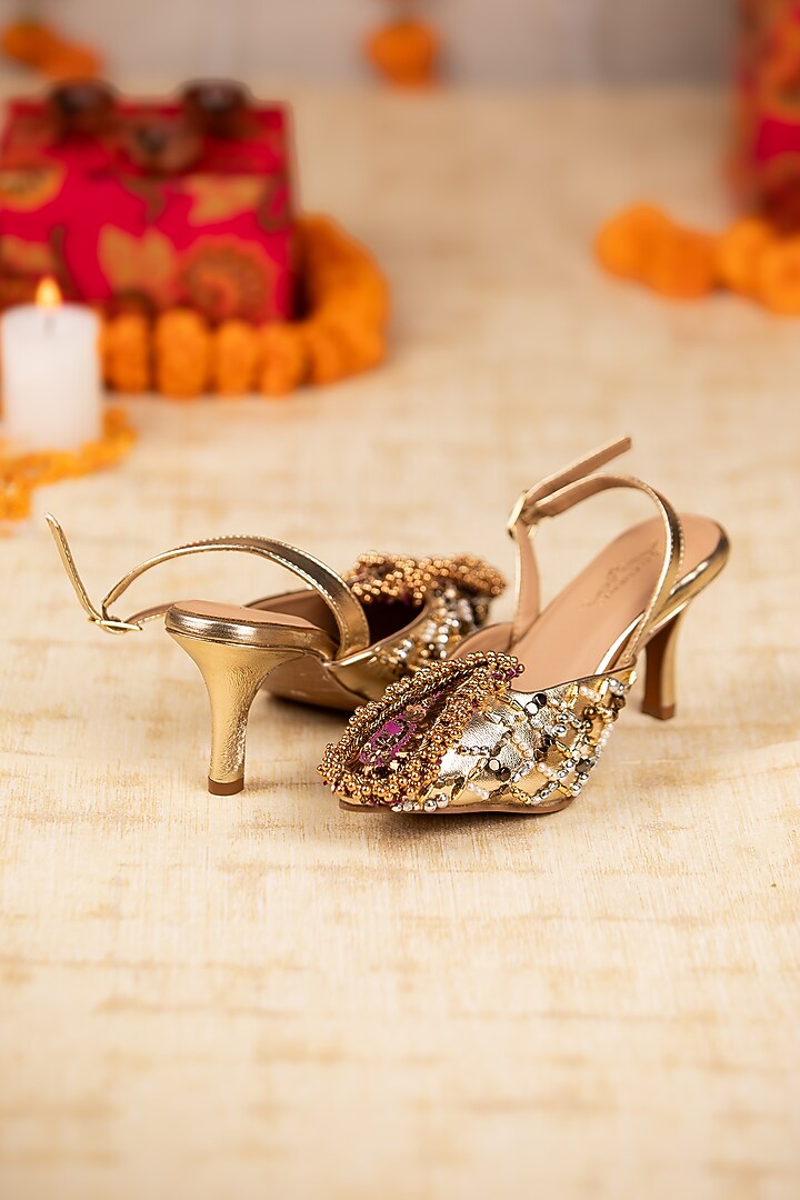 Silver Leatherette Sequin Work Heels by 5 Elements at Pernia's Pop Up Shop