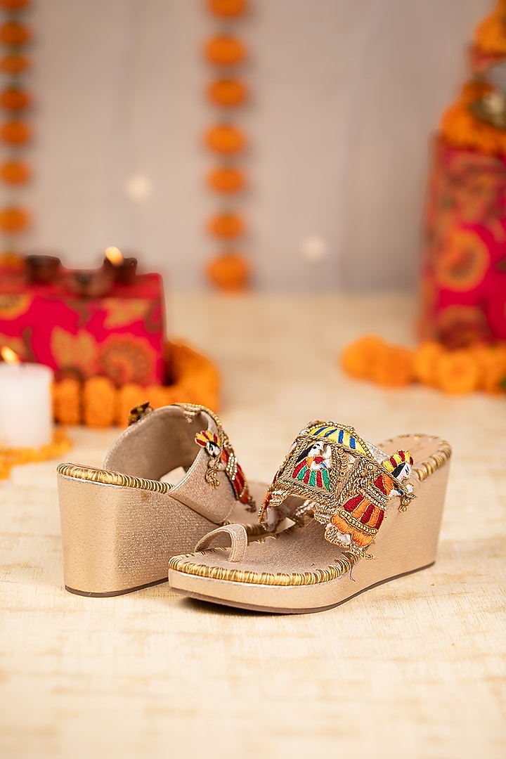 Gold Leatherette Hand Embroidered Wedges by 5 Elements at Pernia's Pop Up Shop