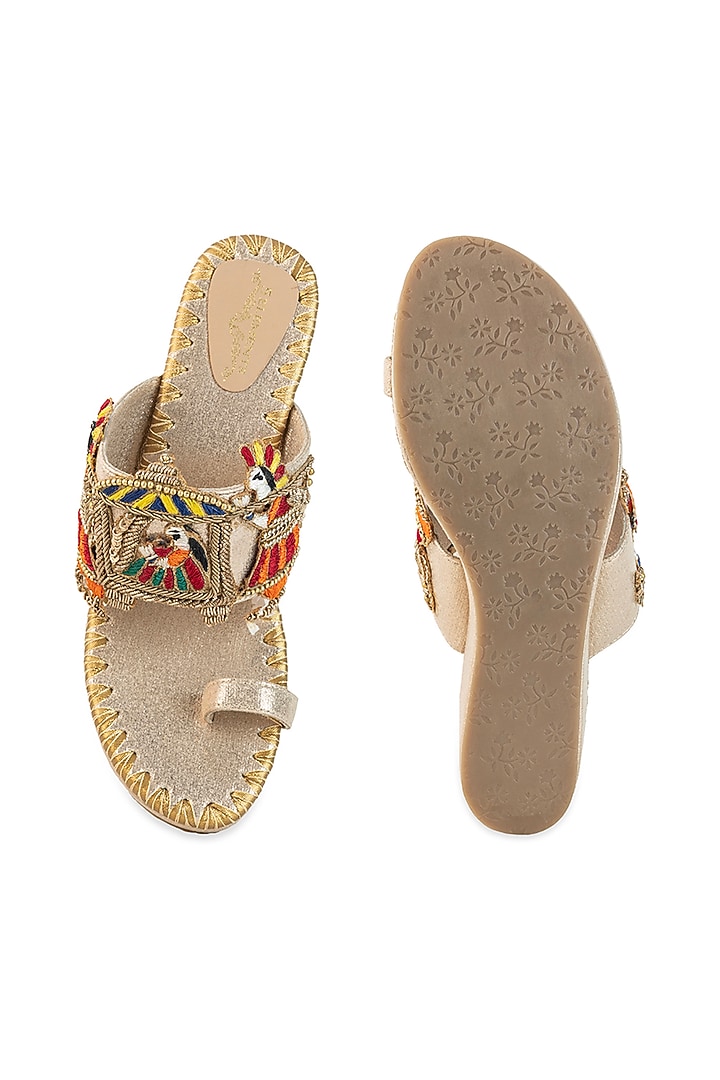 Gold Leatherette Hand Embroidered Wedges by 5 Elements at Pernia's Pop Up Shop