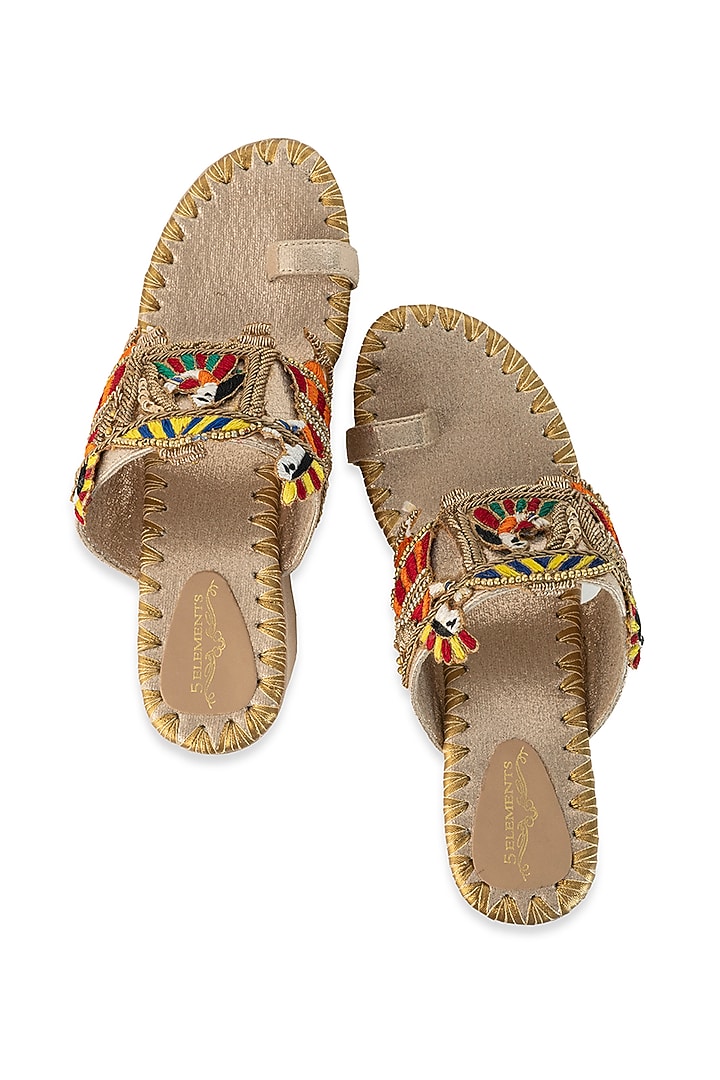 Gold Leatherette Hand Embroidered Wedges by 5 Elements at Pernia's Pop Up Shop