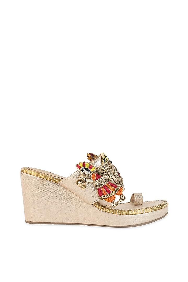 Gold Leatherette Hand Embroidered Wedges by 5 Elements at Pernia's Pop Up Shop