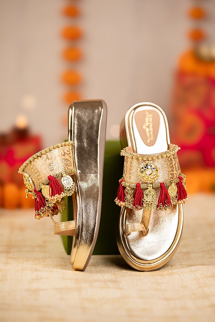 Gold Leatherette Mirror Embroidered Wedges by 5 Elements at Pernia's Pop Up Shop