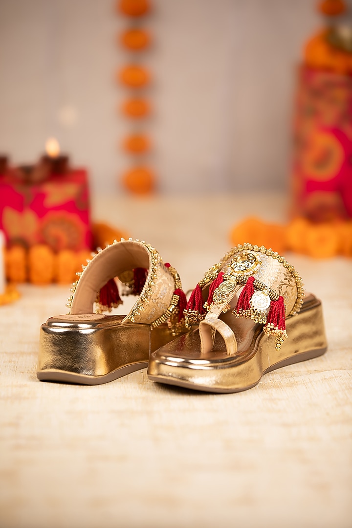 Gold Leatherette Mirror Embroidered Wedges by 5 Elements at Pernia's Pop Up Shop