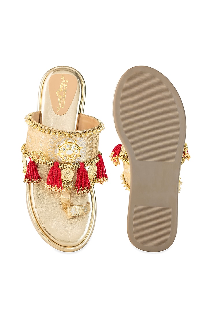 Gold Leatherette Mirror Embroidered Wedges by 5 Elements at Pernia's Pop Up Shop