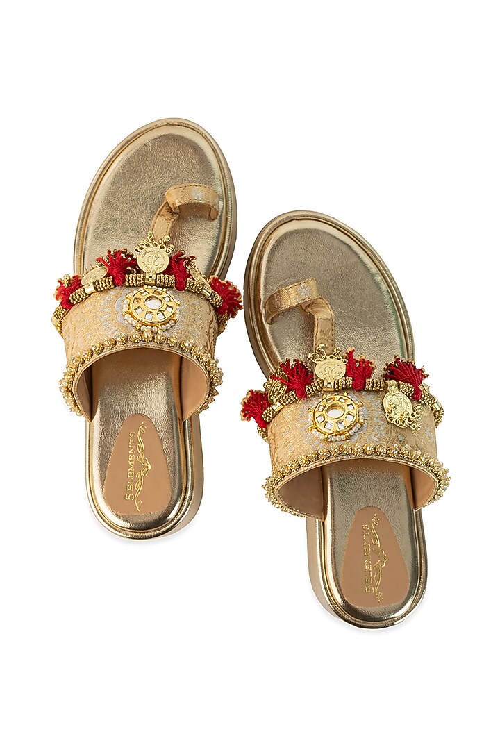 Gold Leatherette Mirror Embroidered Wedges by 5 Elements at Pernia's Pop Up Shop