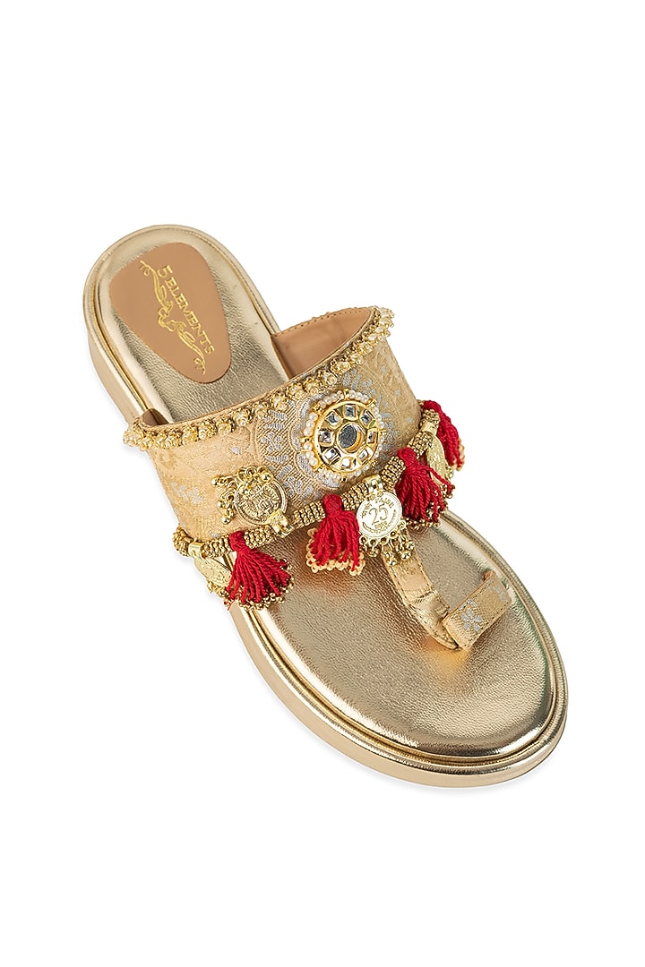 Gold Leatherette Mirror Embroidered Wedges by 5 Elements at Pernia's Pop Up Shop