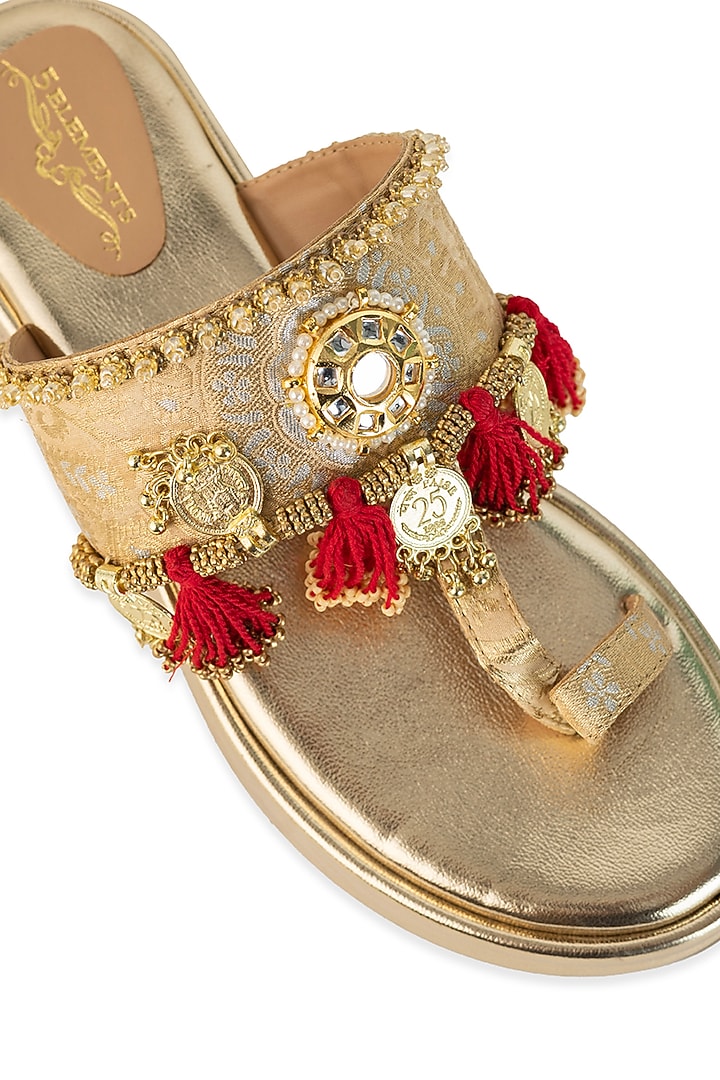 Gold Leatherette Mirror Embroidered Wedges by 5 Elements at Pernia's Pop Up Shop