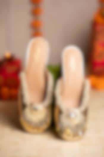 Gold Leatherette Pearl Hand Embellished Heels by 5 Elements at Pernia's Pop Up Shop