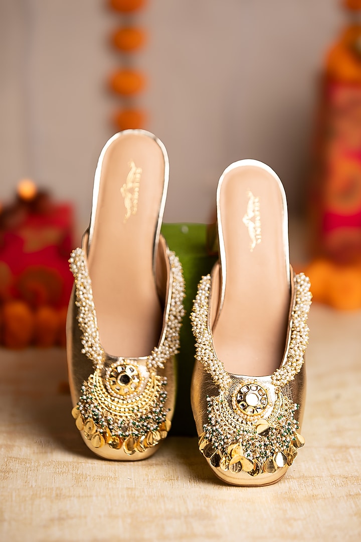 Gold Leatherette Pearl Hand Embellished Heels by 5 Elements at Pernia's Pop Up Shop