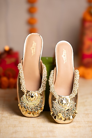 Gold Leatherette Pearl Hand Embellished Heels by 5 Elements
