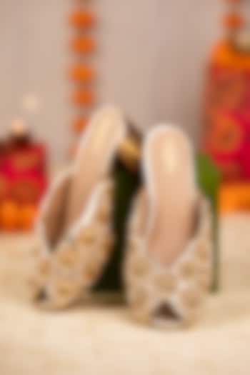 Gold Leatherette Floral Embroidered Heels by 5 Elements at Pernia's Pop Up Shop