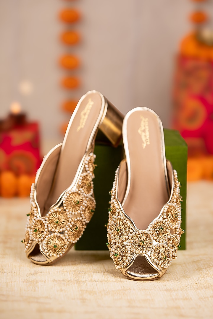 Gold Leatherette Floral Embroidered Heels by 5 Elements at Pernia's Pop Up Shop