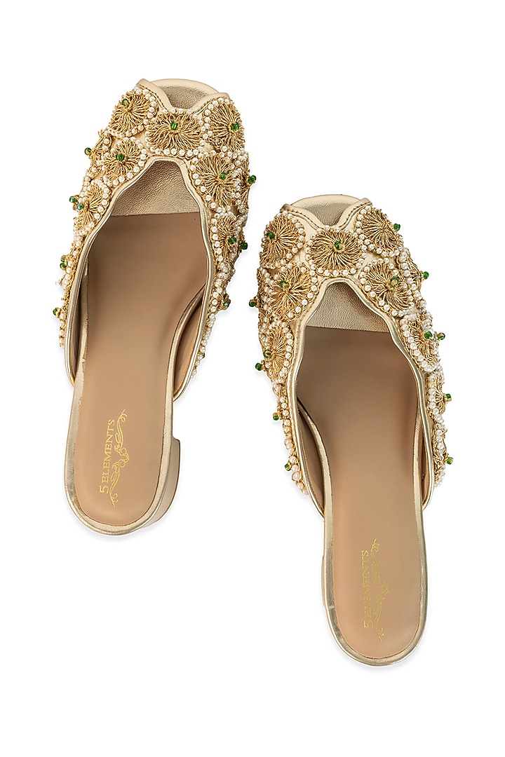 Gold Leatherette Floral Embroidered Heels by 5 Elements at Pernia's Pop Up Shop